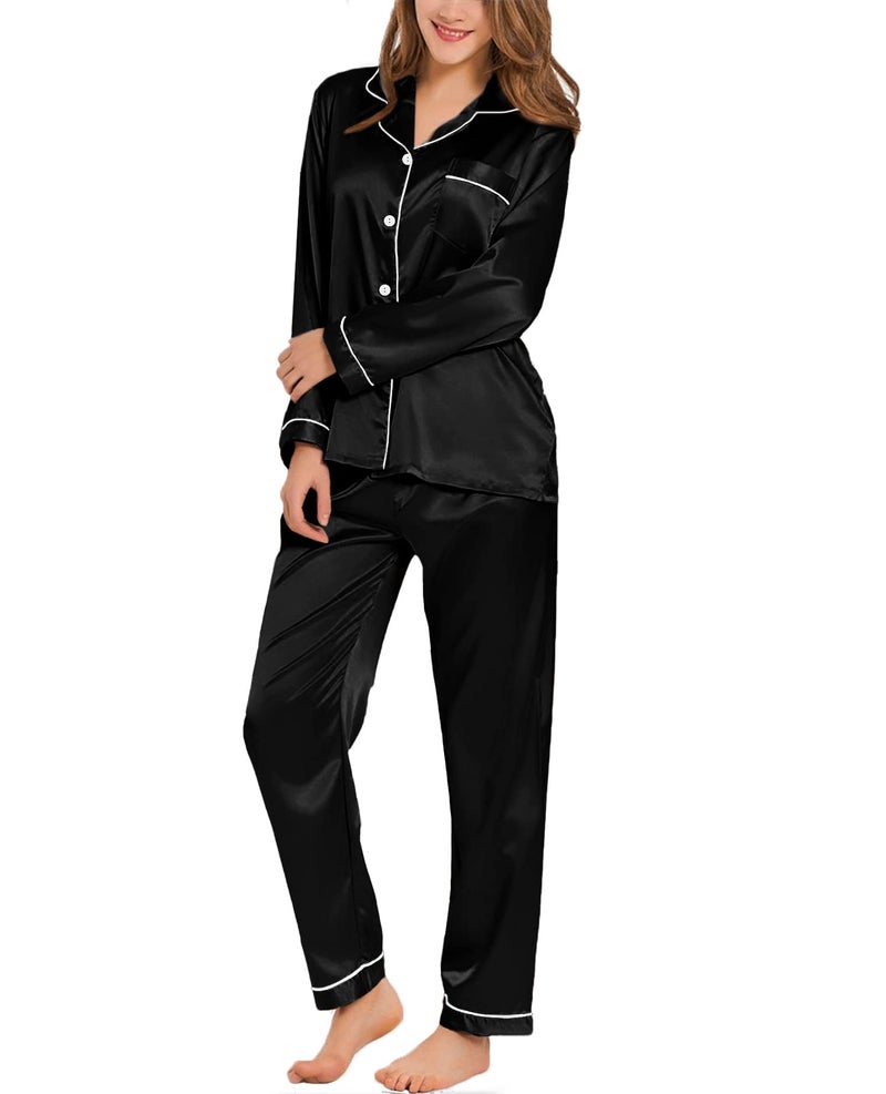 SWOMOG Womens Silk Satin Pajamas Long Sleeve Loungewear Two-piece Sleepwear Button-Down Pj Set Black - Image 1